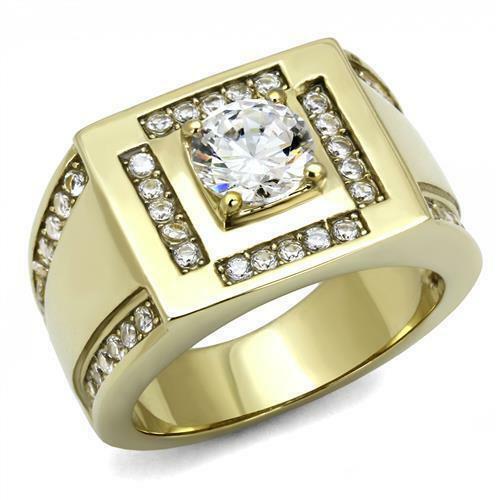 Jewellery Kingdom Mens Signet 18kt Cubic Zirconia Pinky Square Steel Classy Ring (Gold) - Jewelry Rings - British D'sire