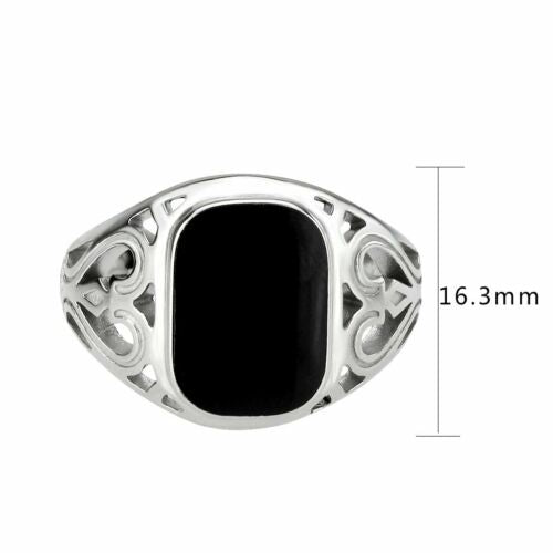 Jewellery Kingdom Mens Signet Jet Silver Stainless Steel Poxy Classy Stamped Ring (Black) - Jewelry Rings - British D'sire