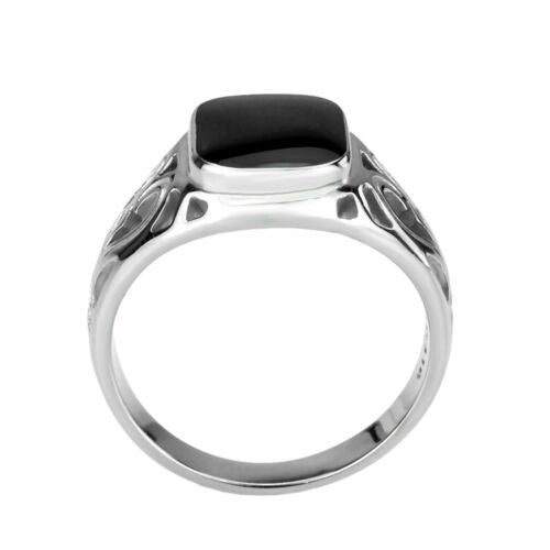 Jewellery Kingdom Mens Signet Jet Silver Stainless Steel Poxy Classy Stamped Ring (Black) - Jewelry Rings - British D'sire