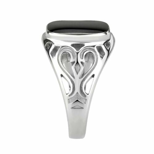 Jewellery Kingdom Mens Signet Jet Silver Stainless Steel Poxy Classy Stamped Ring (Black) - Jewelry Rings - British D'sire