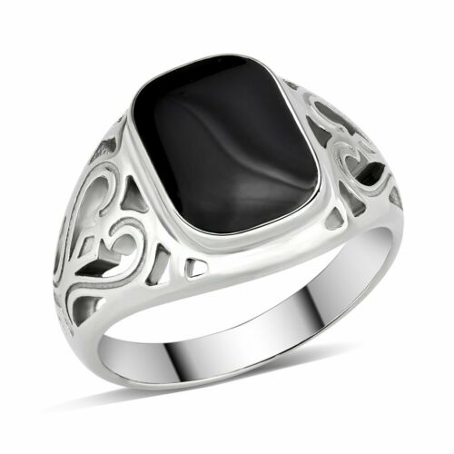 Jewellery Kingdom Mens Signet Jet Silver Stainless Steel Poxy Classy Stamped Ring (Black) - Jewelry Rings - British D'sire