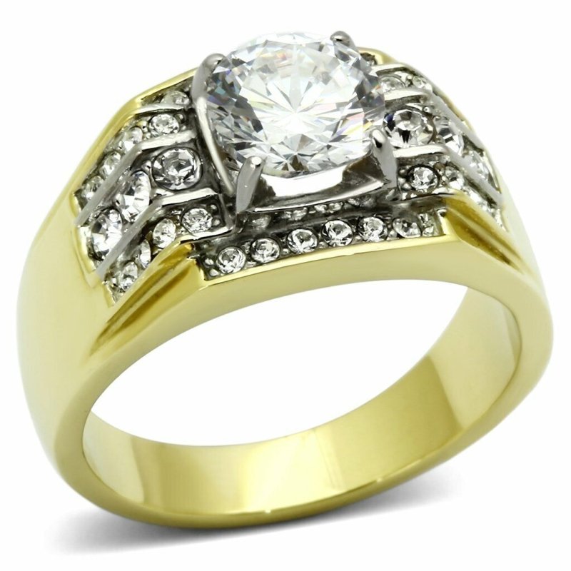 Jewellery Kingdom Mens Signet Pinky Cubic Zirconia 18kt Steel Chunky Bling Ring (Gold) - Mens Jewellery - British D'sire