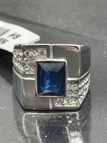 Jewellery Kingdom Mens Signet Sapphire Emerald Cut Stainless Steel Cubic Zirconia Ring (Blue) - Jewelry Rings - British D'sire