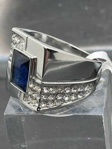 Jewellery Kingdom Mens Signet Sapphire Emerald Cut Stainless Steel Cubic Zirconia Ring (Blue) - Jewelry Rings - British D'sire