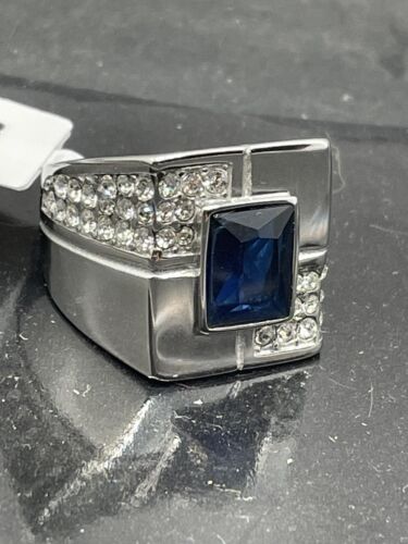 Jewellery Kingdom Mens Signet Sapphire Emerald Cut Stainless Steel Cubic Zirconia Ring (Blue) - Jewelry Rings - British D'sire