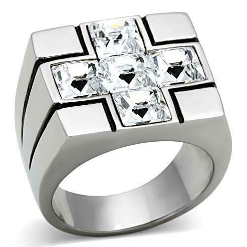 Jewellery Kingdom Mens Signet Stainless Steel Cubic Zirconia Square Silver Cross Ring - Jewelry Rings - British D'sire