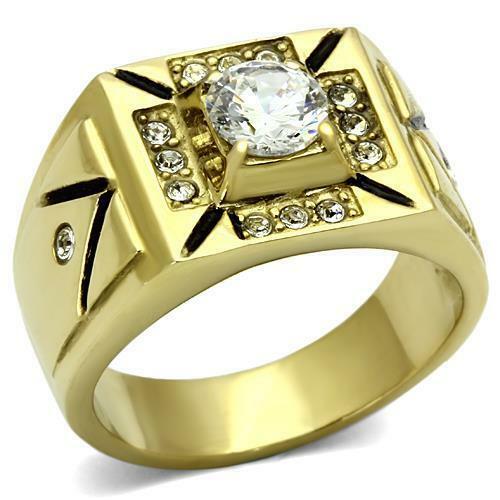 Jewellery Kingdom Mens Solitaire Signet 18kt Pinky Steel Accents Square Gold Ring - Jewelry Rings - British D'sire