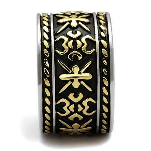 Jewellery Kingdom Mens Tribal Band Gold 15mm No Stone Stainless Steel Silver Ring (Black) - Jewelry Rings - British D'sire