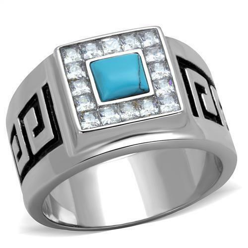 Jewellery Kingdom Mens Turquoise Signet Pinky Stainless Steel Square Cz Silver Princess Ring - Jewelry Rings - British D'sire