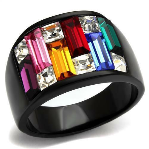 Jewellery Kingdom Multi Coloured Ladies Cubic Zirconia Oblong Steel Black Ring - Rings - British D'sire