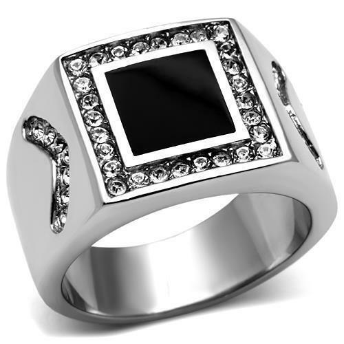 Jewellery Kingdom Onyx Square Jet Agate Cubic Zirconia Signet Pinky Stainless Steel Mens Black Ring - Jewelry Rings - British D'sire