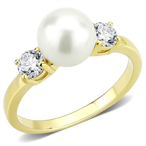 Jewellery Kingdom Pearl Three Stone Cubic Zirconia Steel Ladies All Sizes Ring (Gold) - Jewelry Rings - British D'sire