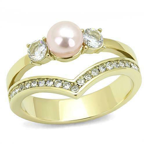 Jewellery Kingdom Pearl Three Stone Pink Wishbone Cubic Zirconia Steel Ladies Ring (Gold) - Jewelry Rings - British D'sire