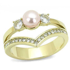 Jewellery Kingdom Pearl Three Stone Pink Wishbone Cubic Zirconia Steel Ladies Ring (Gold) - Jewelry Rings - British D'sire