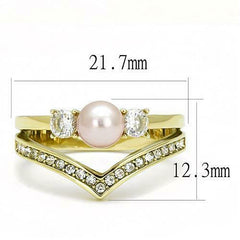 Jewellery Kingdom Pearl Three Stone Pink Wishbone Cubic Zirconia Steel Ladies Ring (Gold) - Jewelry Rings - British D'sire