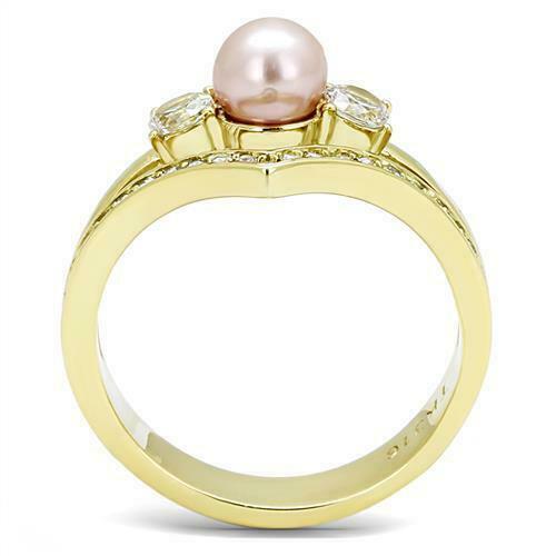 Jewellery Kingdom Pearl Three Stone Pink Wishbone Cubic Zirconia Steel Ladies Ring (Gold) - Jewelry Rings - British D'sire