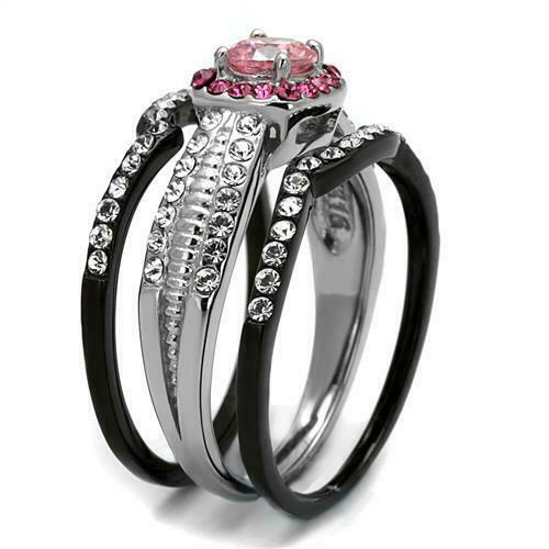 Jewellery Kingdom Pink Sapphire Black Stainless Steel Cubic Zirconia Wedding Engagement Ladies Ring Set - Jewelry Rings - British D'sire