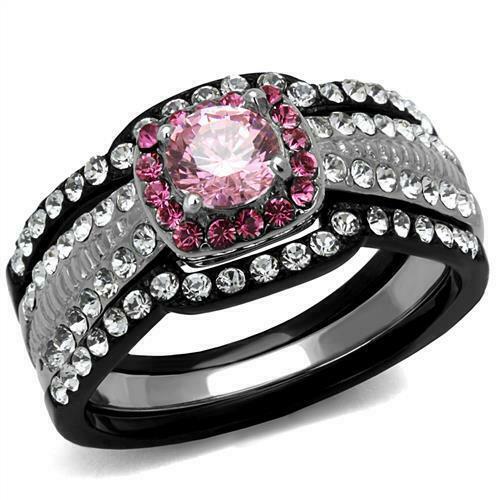 Jewellery Kingdom Pink Sapphire Black Stainless Steel Cubic Zirconia Wedding Engagement Ladies Ring Set - Jewelry Rings - British D'sire