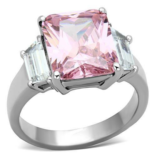 Jewellery Kingdom Pink Sapphire Three Stone Cubic Zirconia Stainless Steel Ring (Silver) - Jewelry Rings - British D'sire