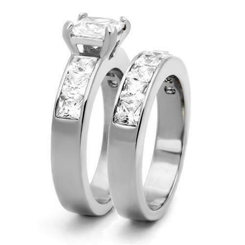 Jewellery Kingdom Princess Cut Engagement Wedding Band Bridal Ring Set (Silver) - Jewelry Rings - British D'sire