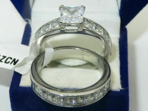 Jewellery Kingdom Princess Cut Engagement Wedding Band Bridal Ring Set (Silver) - Jewelry Rings - British D'sire