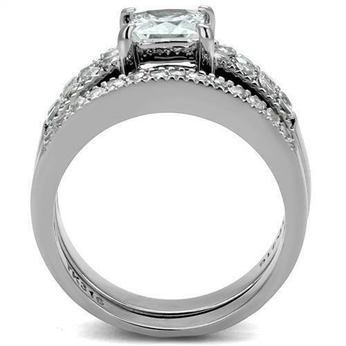 Jewellery Kingdom Princess Engagement Ring Set Cubic Zirconia 2CT Silver Stainless Steel Wedding Band - Jewelry Rings - British D'sire