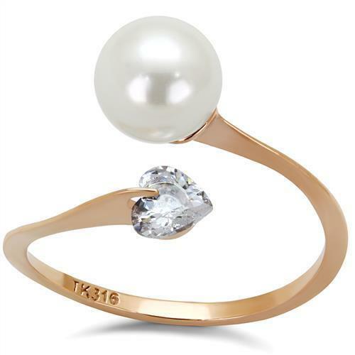 Jewellery Kingdom Rose Pearl Ladies Heart Cz Elegant Steel Gold Ring - Jewelry Rings - British D'sire