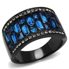 Jewellery Kingdom Sapphire Blue Cubic Zirconia Emerald Princess Stainless Steel Ladies Black Band Ring - Jewelry Rings - British D'sire