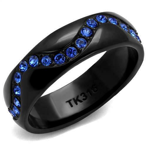 Jewellery Kingdom Sapphire Eternity Band Simulated Diamonds Ladies 6mm Steel Ring (Black) - Jewelry Rings - British D'sire