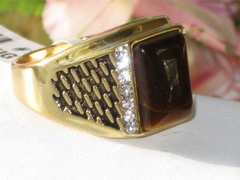 Jewellery Kingdom Signer Brown Semi Precious Gemstone Mens Tiger Eye Gold Ring - Jewelry Rings - British D'sire