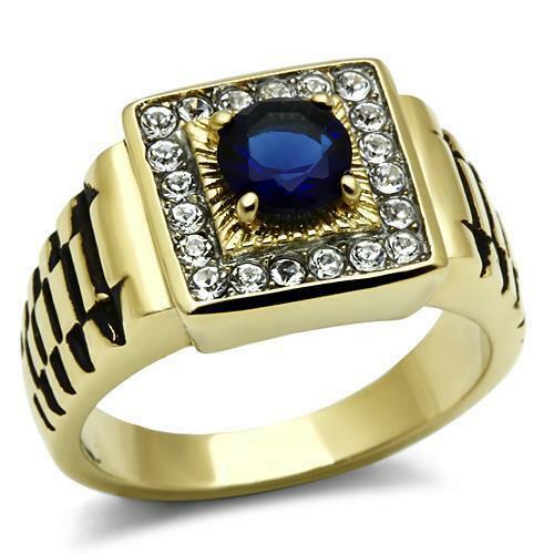 Jewellery Kingdom Signet Pinky 1CT Cubic Zirconia Steel Mens Sapphire Ring (Blue & Gold) - Jewelry Rings - British D'sire