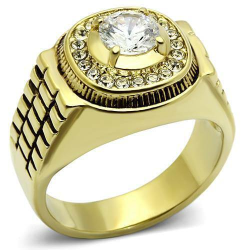 Jewellery Kingdom Signet Pinky 3CT Steel Cubic Zirconia Designer Mens Gold Ring - Jewelry Rings - British D'sire