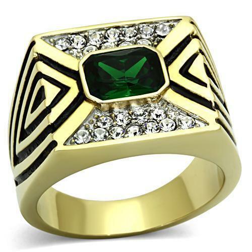 Jewellery Kingdom Signet Pinky Bezel Cubic Zirconia Steel Mens Gold Emerald Ring - Jewelry Rings - British D'sire