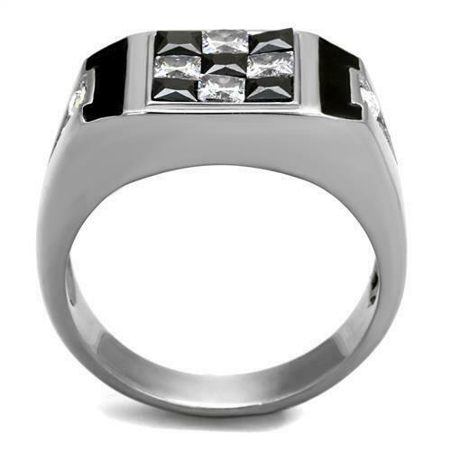 Jewellery Kingdom Signet Pinky Square Cuts Princess Stainless Steel Checker Mens Ring (Black) - Rings - British D'sire