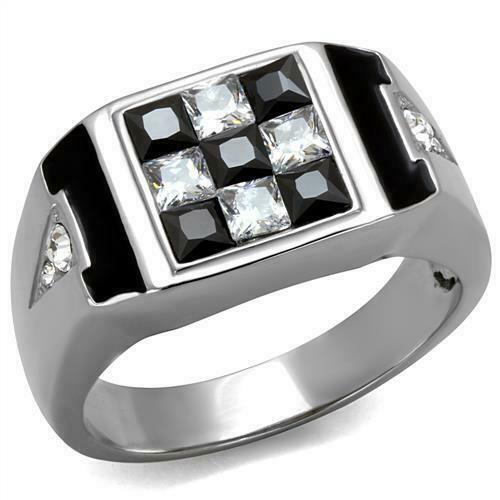 Jewellery Kingdom Signet Pinky Square Cuts Princess Stainless Steel Checker Mens Ring (Black) - Rings - British D'sire