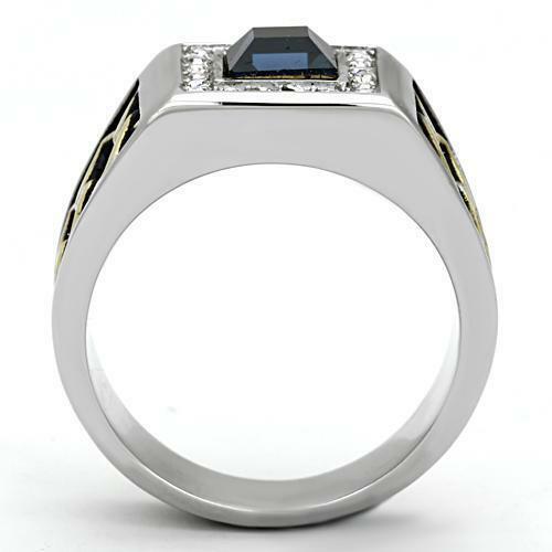 Jewellery Kingdom Signet Stainless Steel Gold Square Blackened Cubic Zirconia Mens Sapphire Ring (Blue) - Jewelry Rings - British D'sire