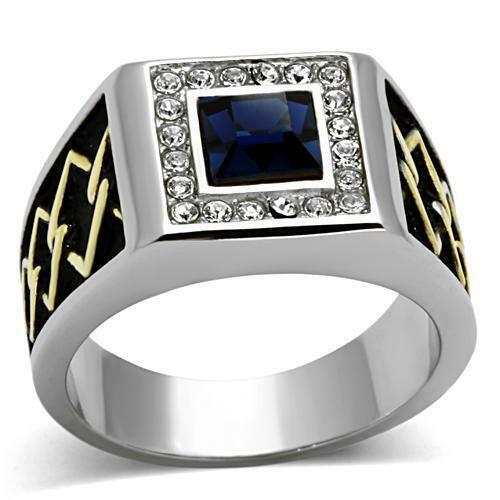 Jewellery Kingdom Signet Stainless Steel Gold Square Blackened Cubic Zirconia Mens Sapphire Ring (Blue) - Jewelry Rings - British D'sire