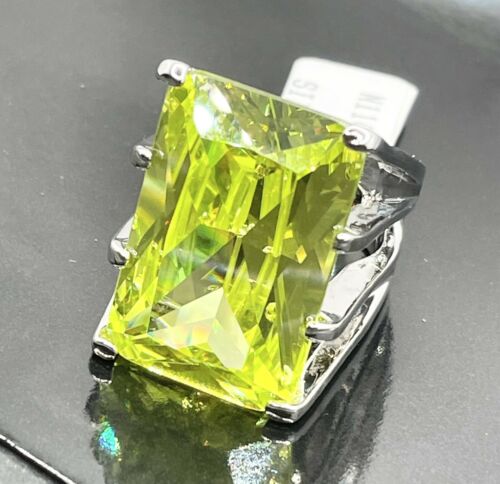 Jewellery Kingdom Silver Cubic Zirconia Emerald Cut 19CT Cocktail Light Peridot Big Bold Ladies Green Ring - Jewelry Rings - British D'sire