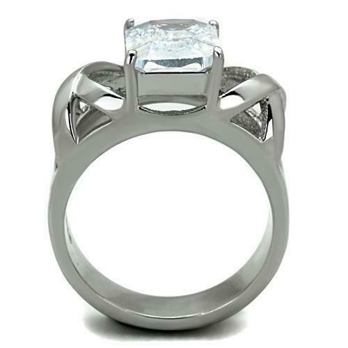 Jewellery Kingdom Silver Emerald Cut Cubic Zirconia Stainless Steel Ladies Solitaire Ring - Jewelry Rings - British D'sire