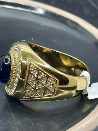 Jewellery Kingdom Simulated Diamonds Blue Signet Pinky Steel Oval Chunky Mens Sapphire Gold Ring - Jewelry Rings - British D'sire