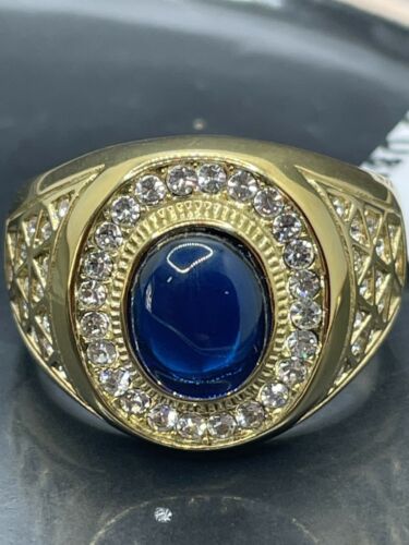 Jewellery Kingdom Simulated Diamonds Blue Signet Pinky Steel Oval Chunky Mens Sapphire Gold Ring - Jewelry Rings - British D'sire