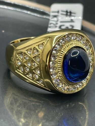 Jewellery Kingdom Simulated Diamonds Blue Signet Pinky Steel Oval Chunky Mens Sapphire Gold Ring - Jewelry Rings - British D'sire