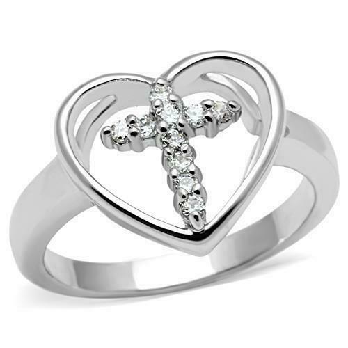 Jewellery Kingdom Simulated Diamonds Flat Ladies Elegant Pretty Hear Cross Ring - Jewelry Rings - British D'sire