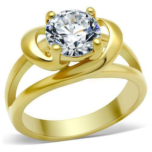 Jewellery Kingdom Solitaire Ladies 2 Carat Swirl Cubic Zirconia 18kt Steel Ring (Gold) - Jewelry Rings - British D'sire