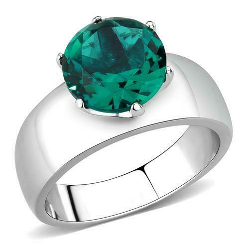 Jewellery Kingdom Solitaire Stainless Steel Ladies Emerald Zircon Ring (Silver & Green) - Rings - British D'sire