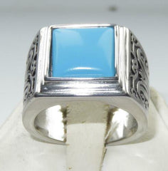 Jewellery Kingdom Square Signet Stainless Steel Chunky Mens Turquoise Ring (Silver) - Rings - British D'sire