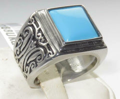 Jewellery Kingdom Square Signet Stainless Steel Chunky Mens Turquoise Ring (Silver) - Rings - British D'sire