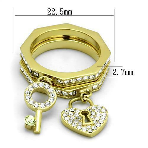 Jewellery Kingdom Stacking Bands Charm Lock Key CZ Steel Ladies Ring Set (Gold) - Rings - British D'sire