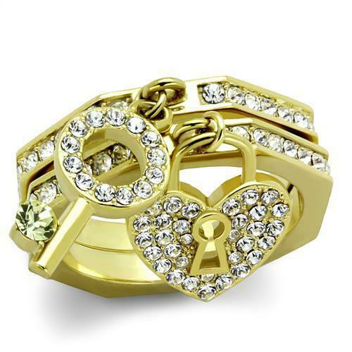 Jewellery Kingdom Stacking Bands Charm Lock Key CZ Steel Ladies Ring Set (Gold) - Rings - British D'sire