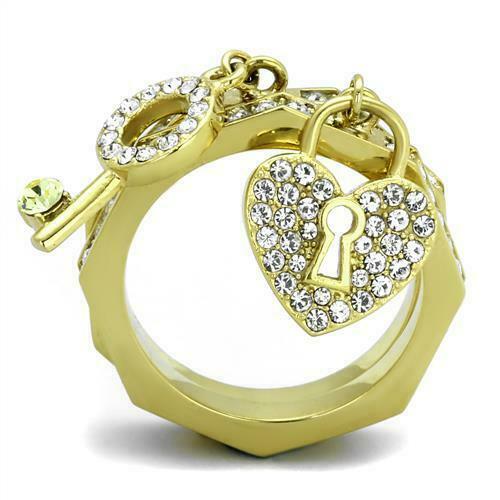 Jewellery Kingdom Stacking Bands Charm Lock Key CZ Steel Ladies Ring Set (Gold) - Rings - British D'sire